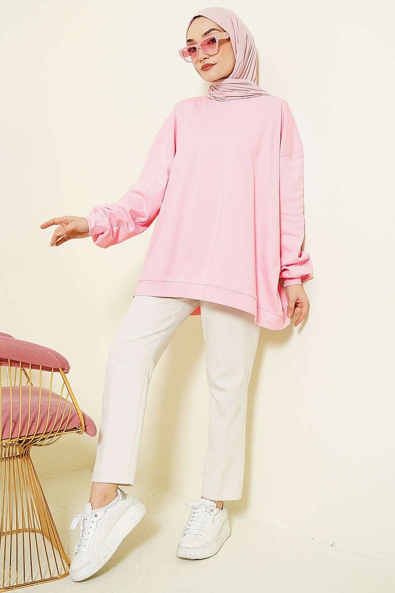 Oversize İnterlok Basic Tunik Pembe