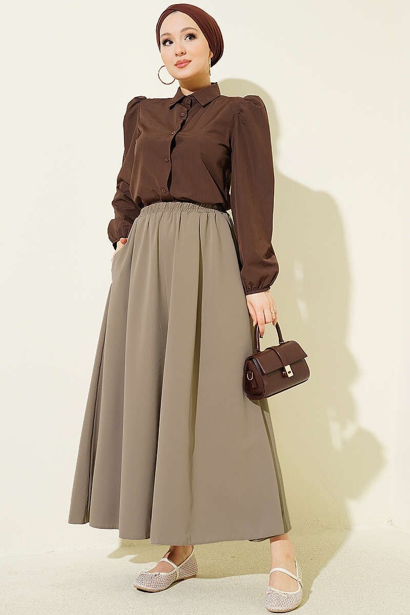 Oversize Paçalı Bel Lastikli Pantolon Bej