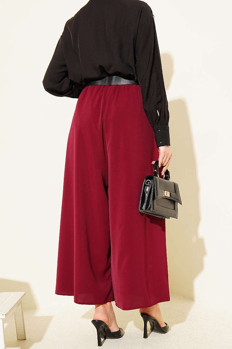 Oversize Paçalı Bel Lastikli Pantolon Bordo
