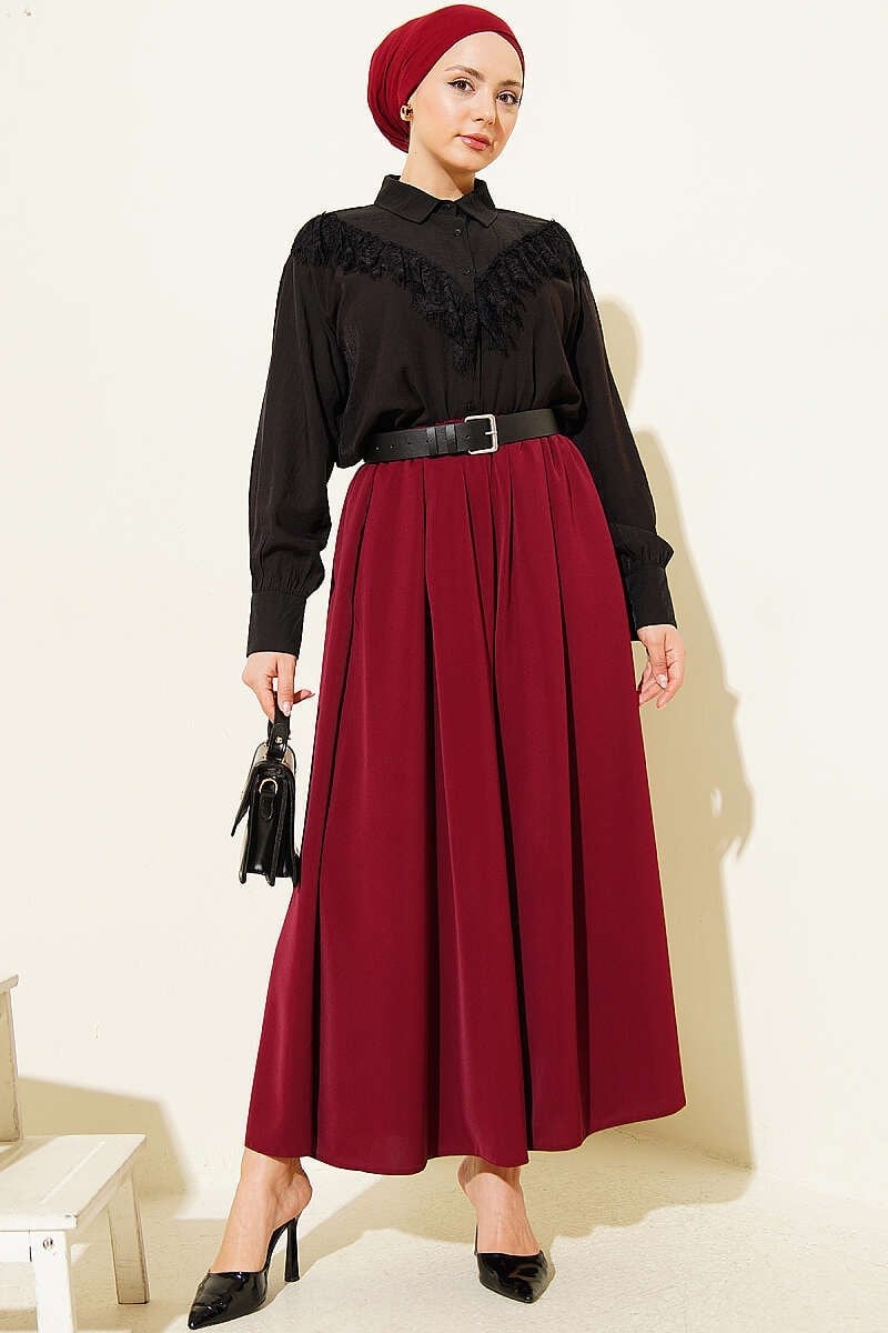 Oversize Paçalı Bel Lastikli Pantolon Bordo