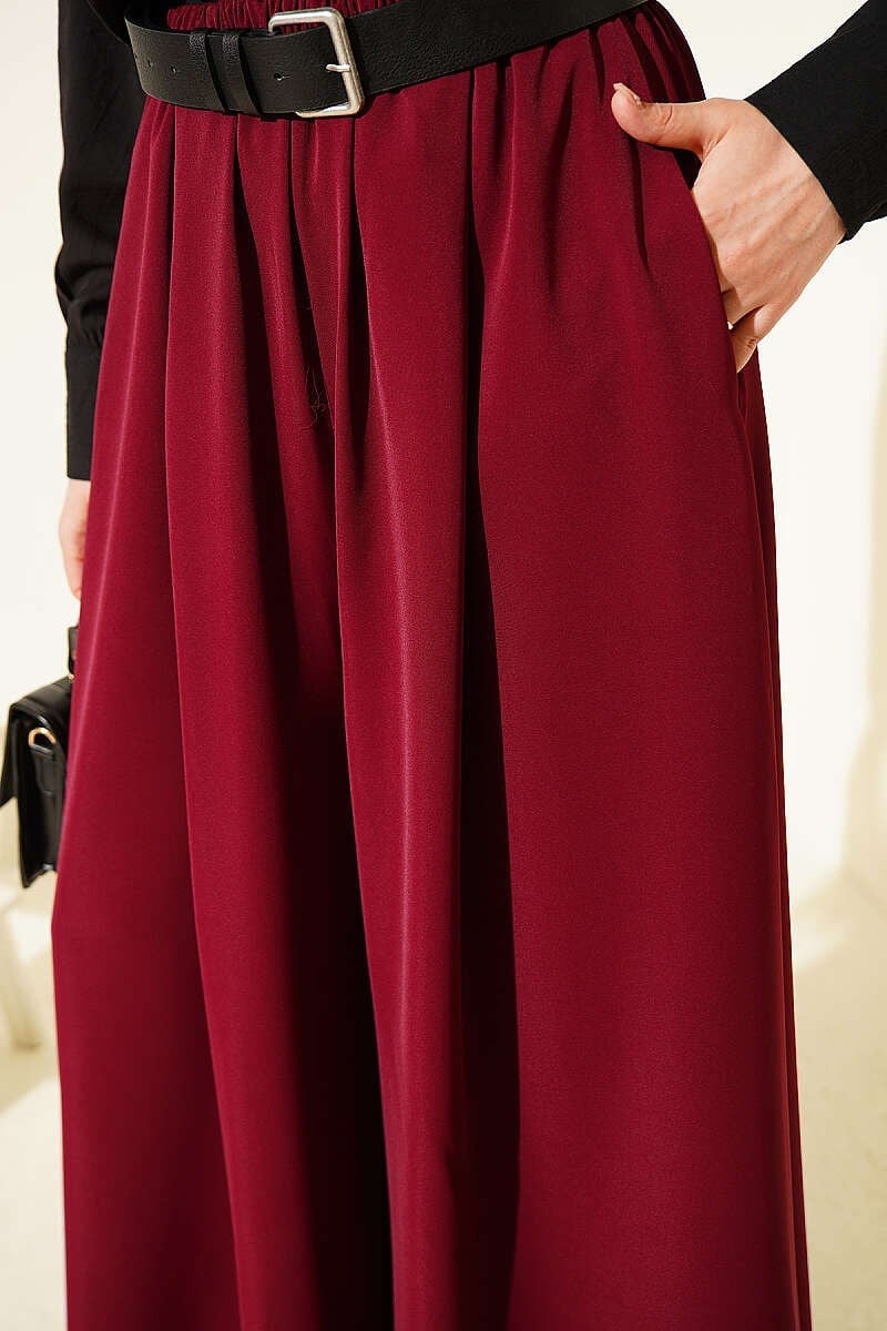 Oversize Paçalı Bel Lastikli Pantolon Bordo