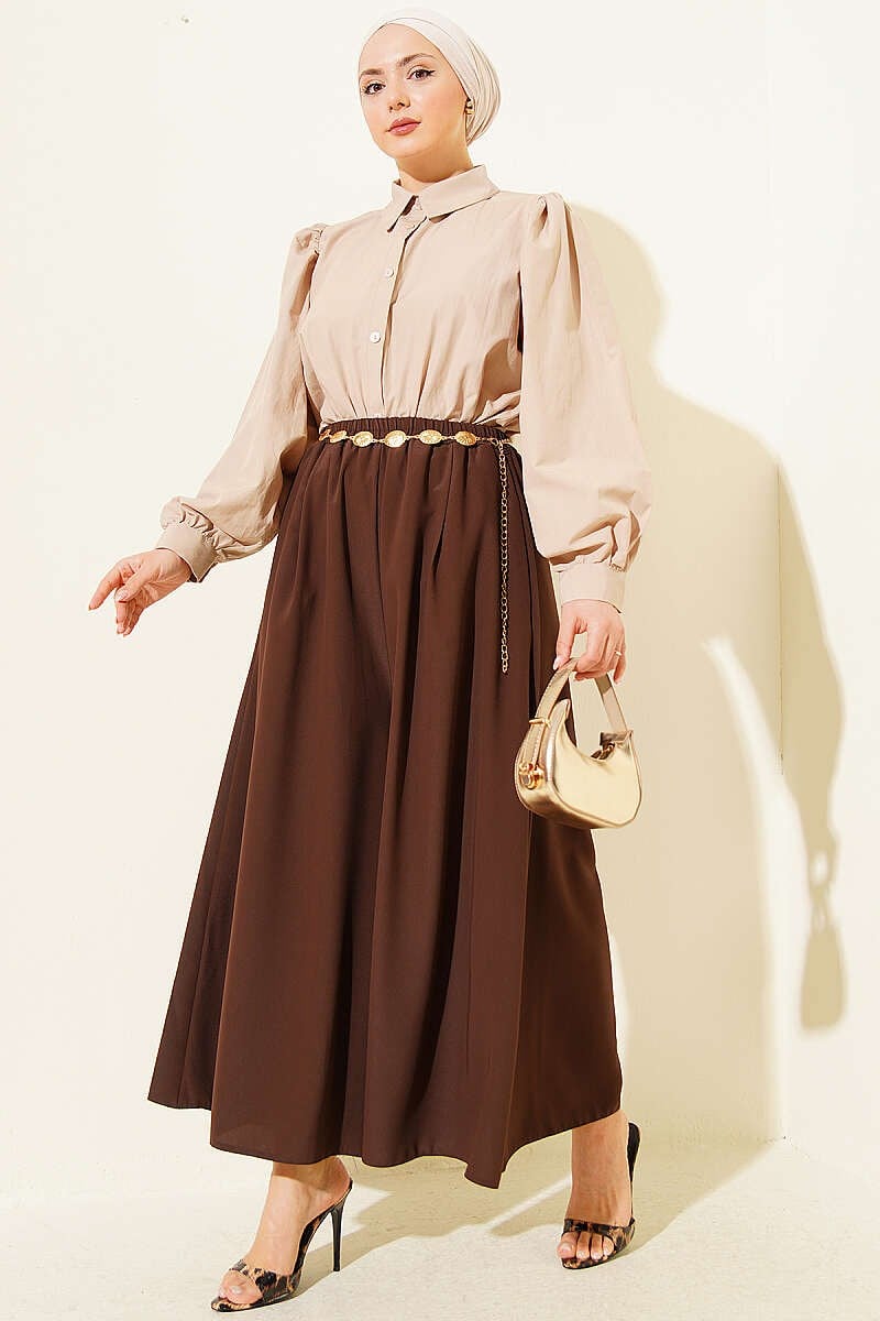 Oversize Paçalı Bel Lastikli Pantolon Kahve