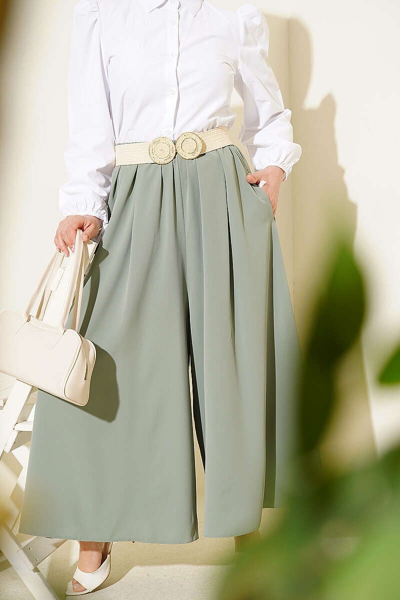 Oversize Paçalı Bel Lastikli Pantolon Yeşil