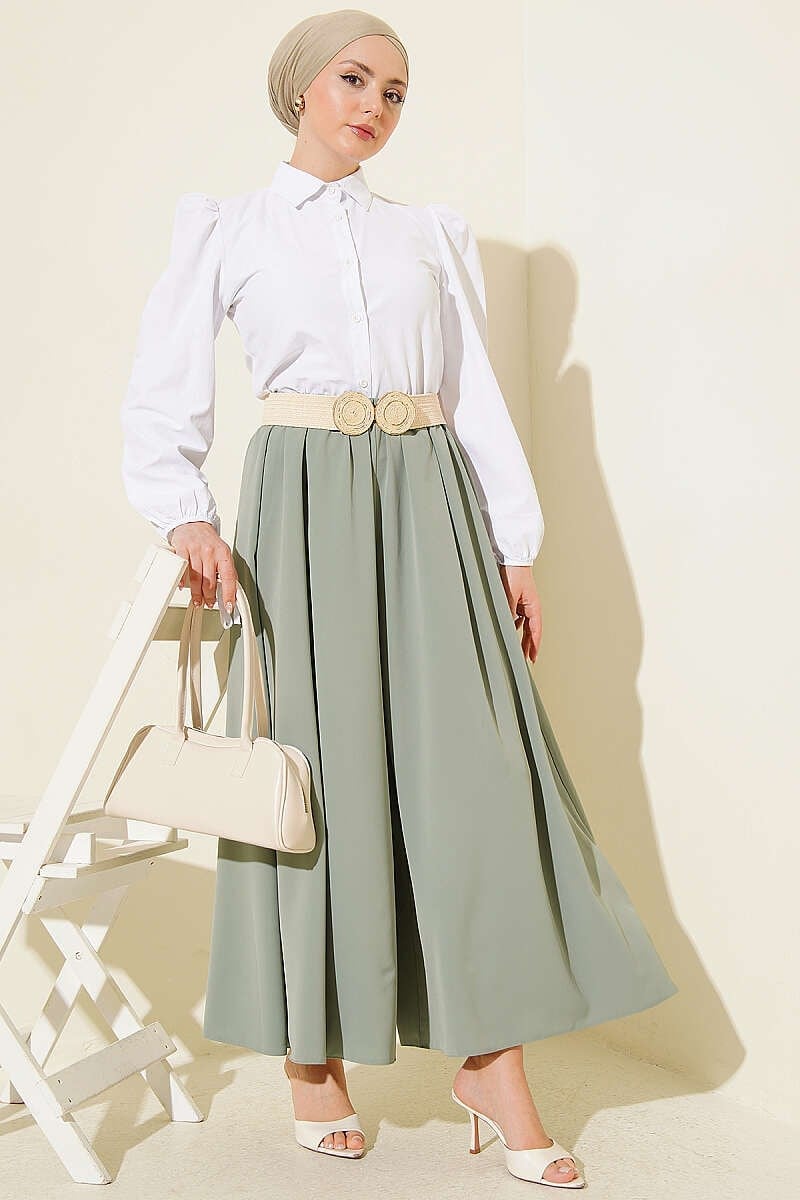 Oversize Paçalı Bel Lastikli Pantolon Yeşil
