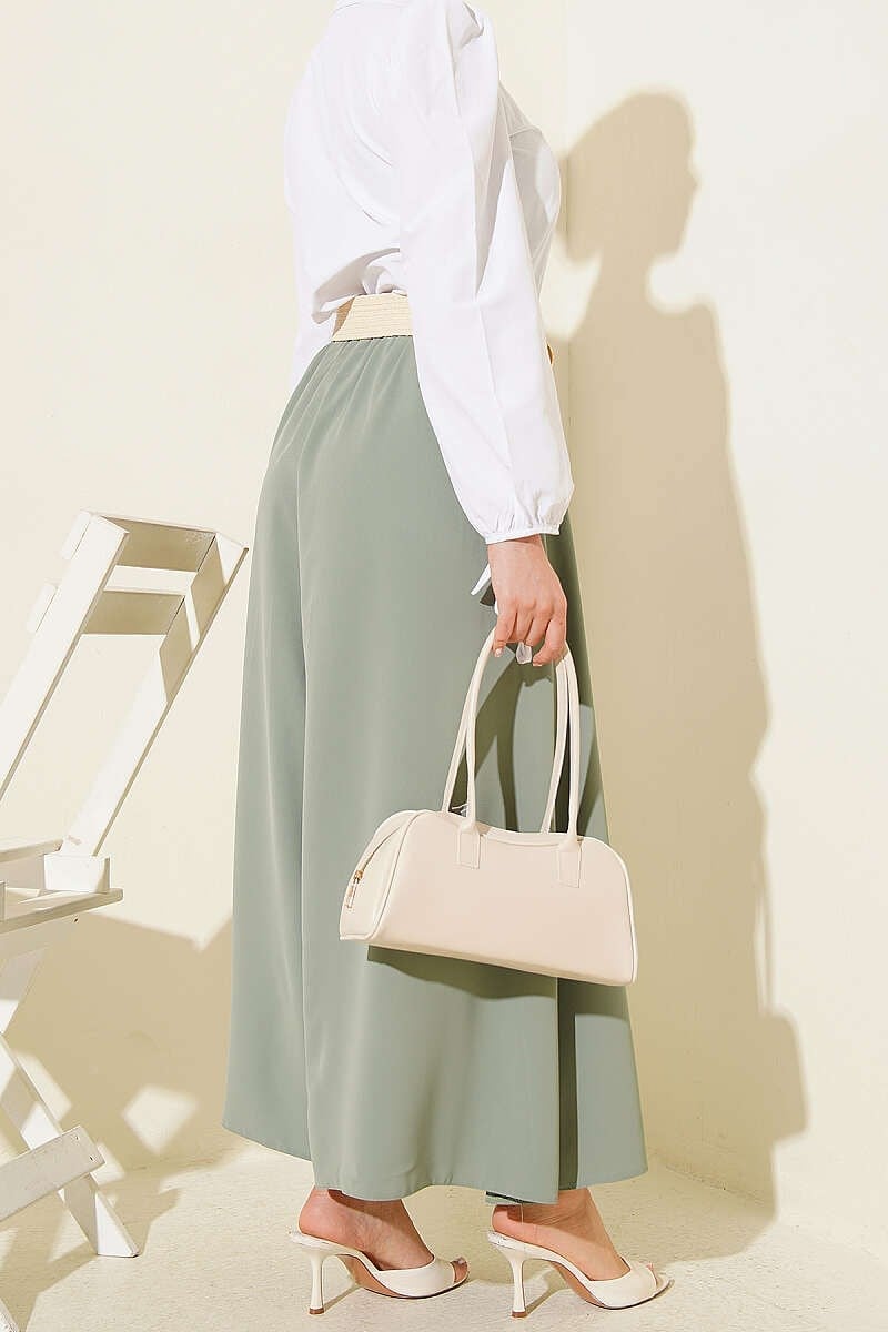 Oversize Paçalı Bel Lastikli Pantolon Yeşil