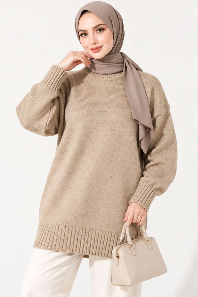 Oversize Ribanalı Triko Tunik Bej