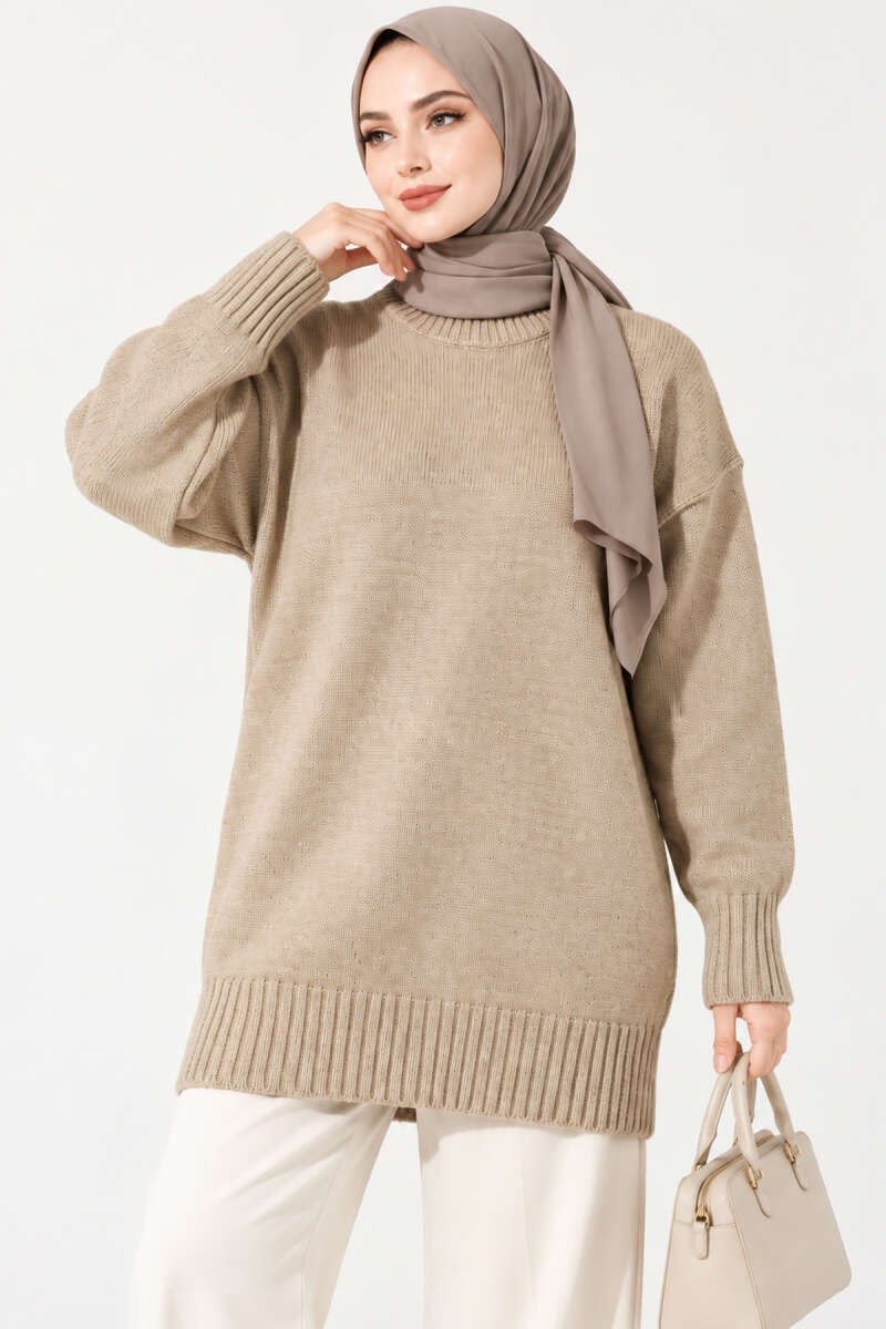 Oversize Ribanalı Triko Tunik Bej