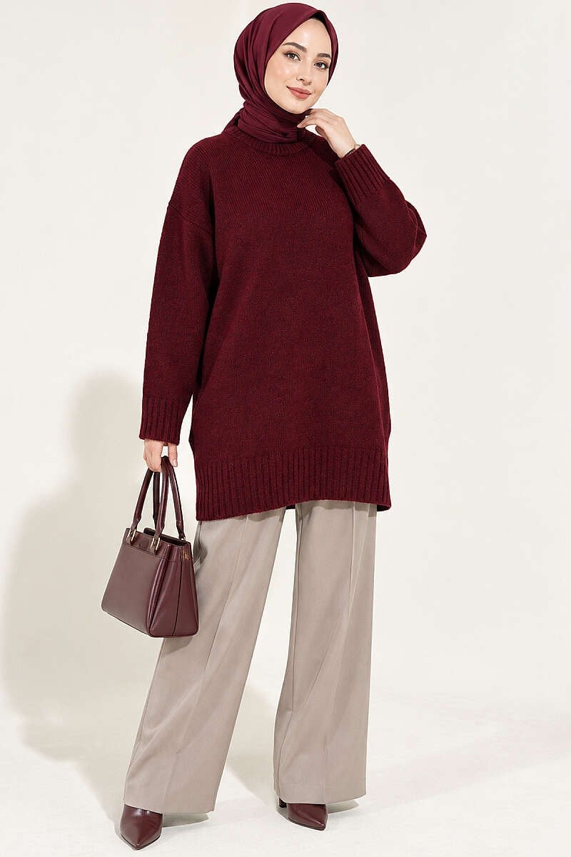 Oversize Ribanalı Triko Tunik Bordo