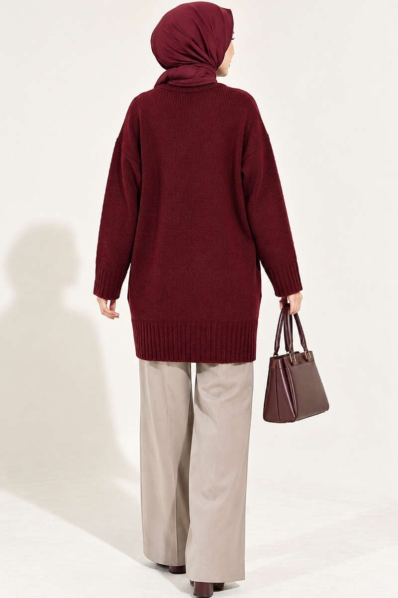 Oversize Ribanalı Triko Tunik Bordo