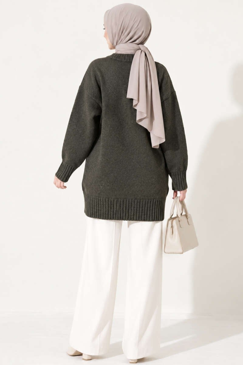 Oversize Ribanalı Triko Tunik Füme