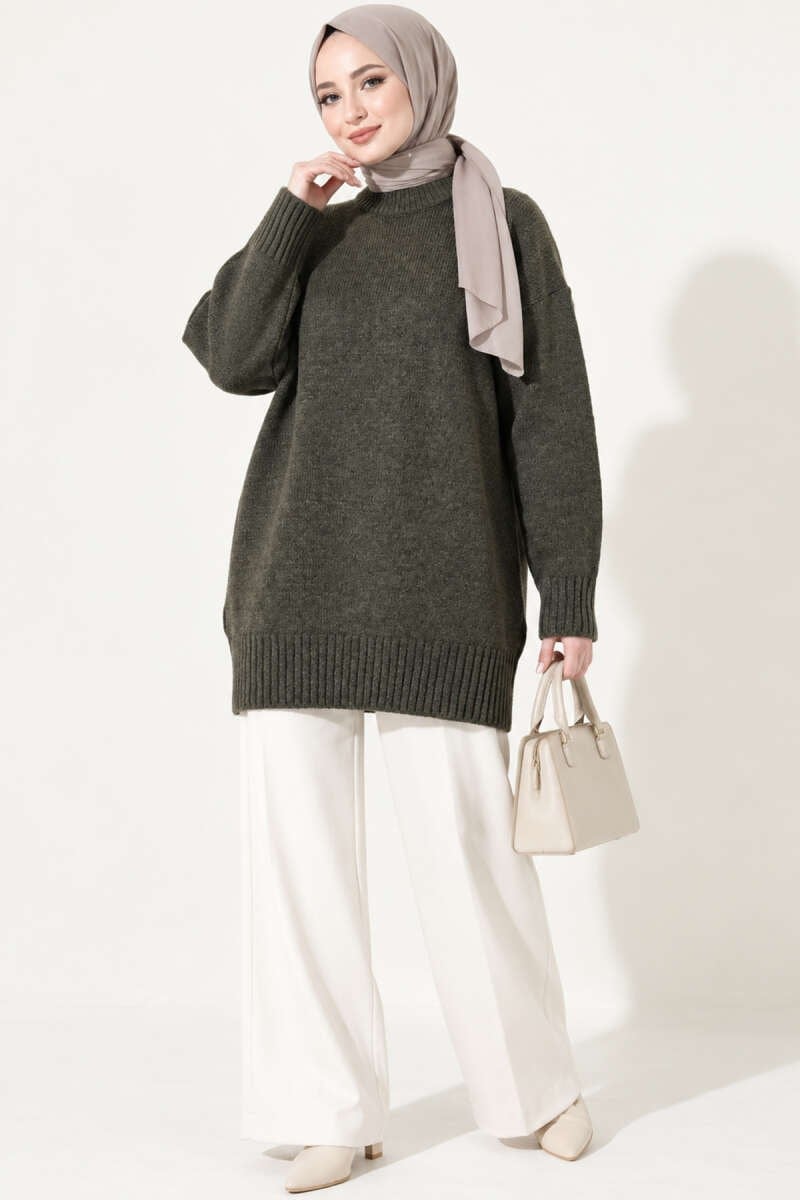 Oversize Ribanalı Triko Tunik Füme