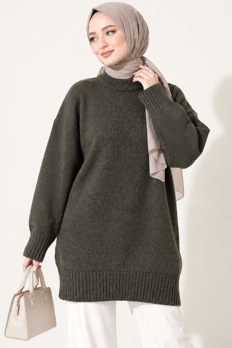 Oversize Ribanalı Triko Tunik Füme
