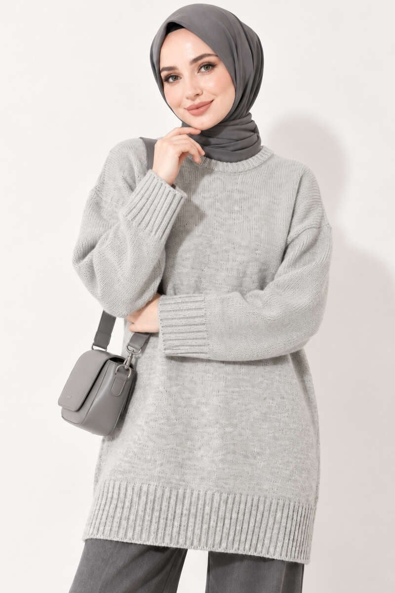 Oversize Ribanalı Triko Tunik Gri