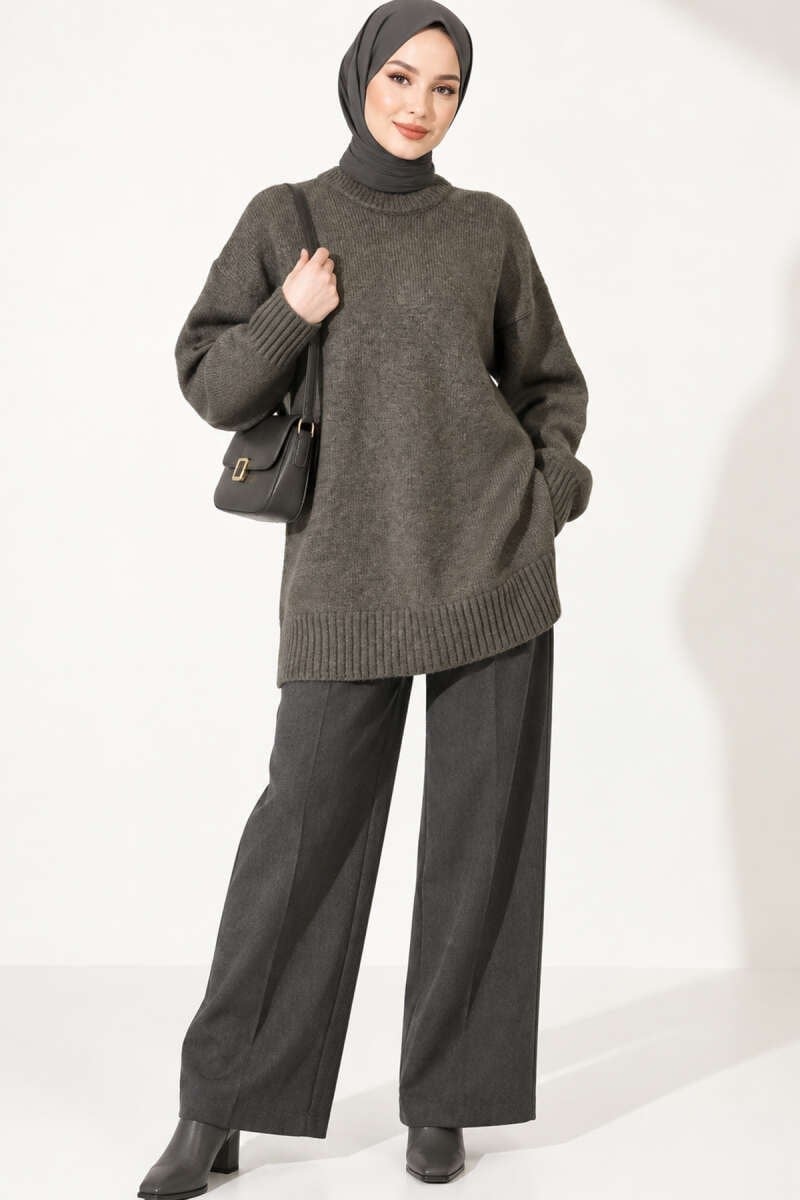 Oversize Ribanalı Triko Tunik Haki