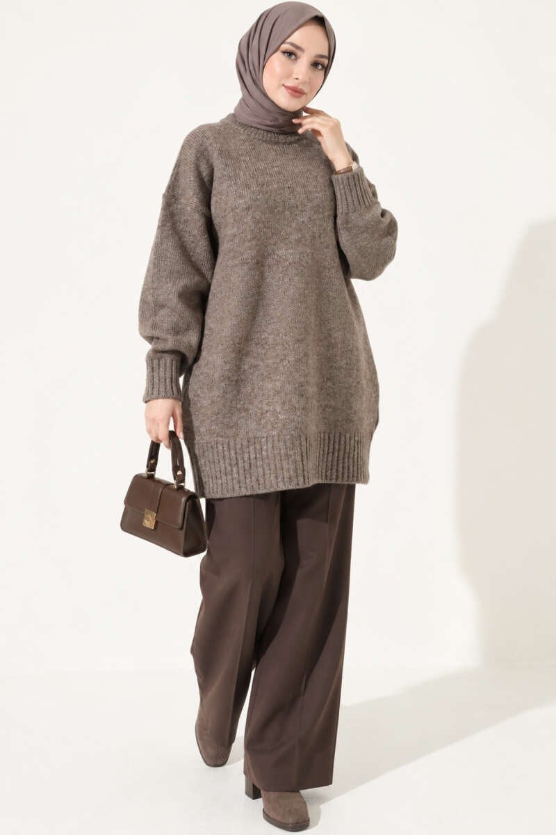Oversize Ribanalı Triko Tunik Kahve