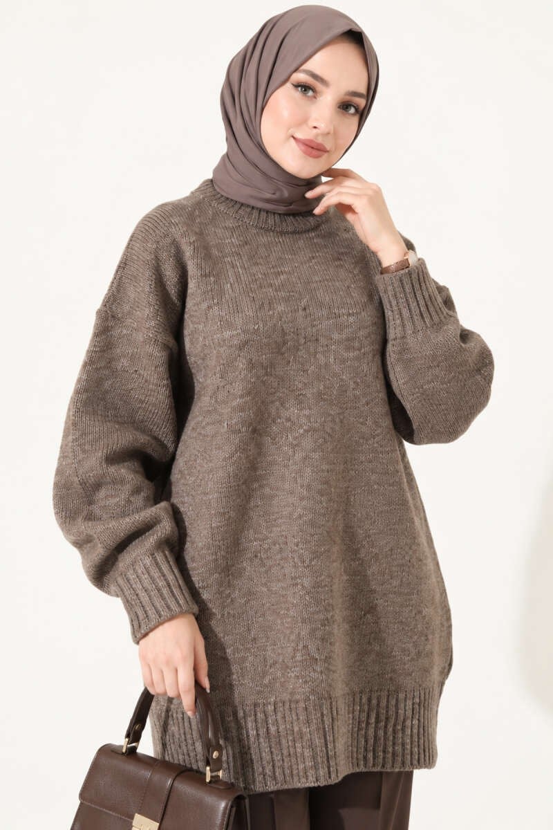 Oversize Ribanalı Triko Tunik Kahve