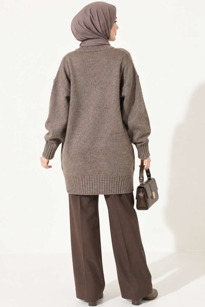 Oversize Ribanalı Triko Tunik Kahve