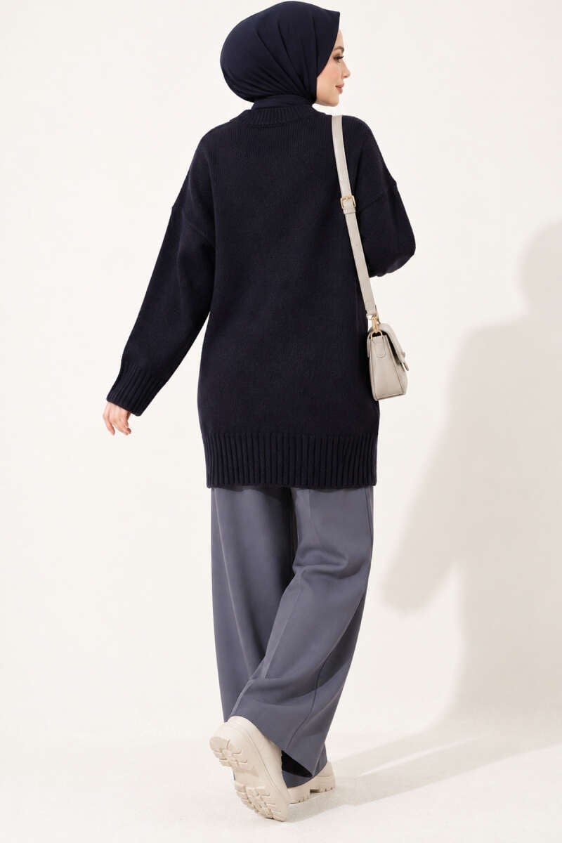 Oversize Ribanalı Triko Tunik Lacivert