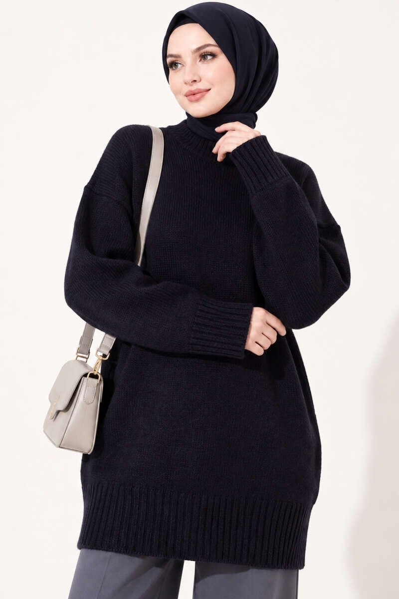 Oversize Ribanalı Triko Tunik Lacivert