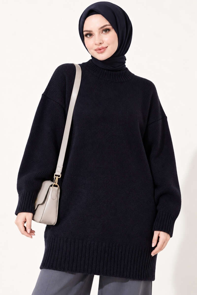 Oversize Ribanalı Triko Tunik Lacivert