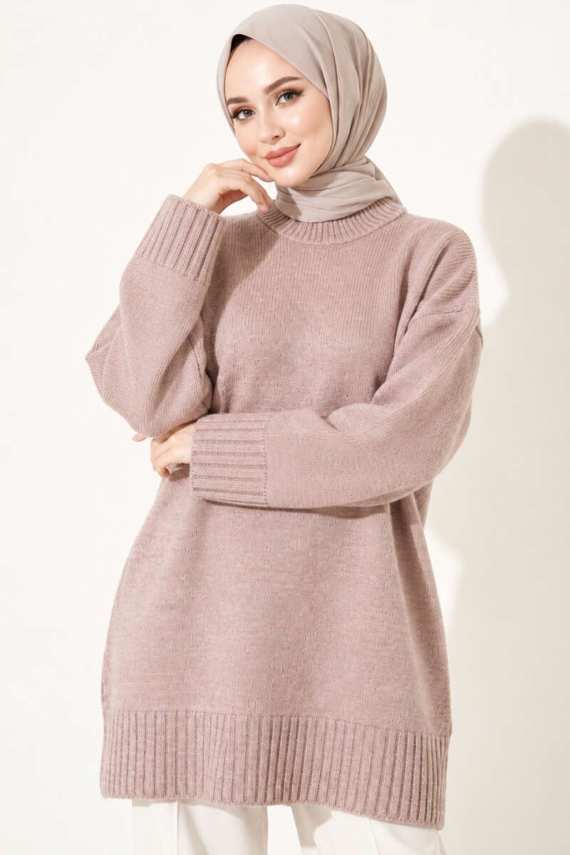 Oversize Ribanalı Triko Tunik Pudra
