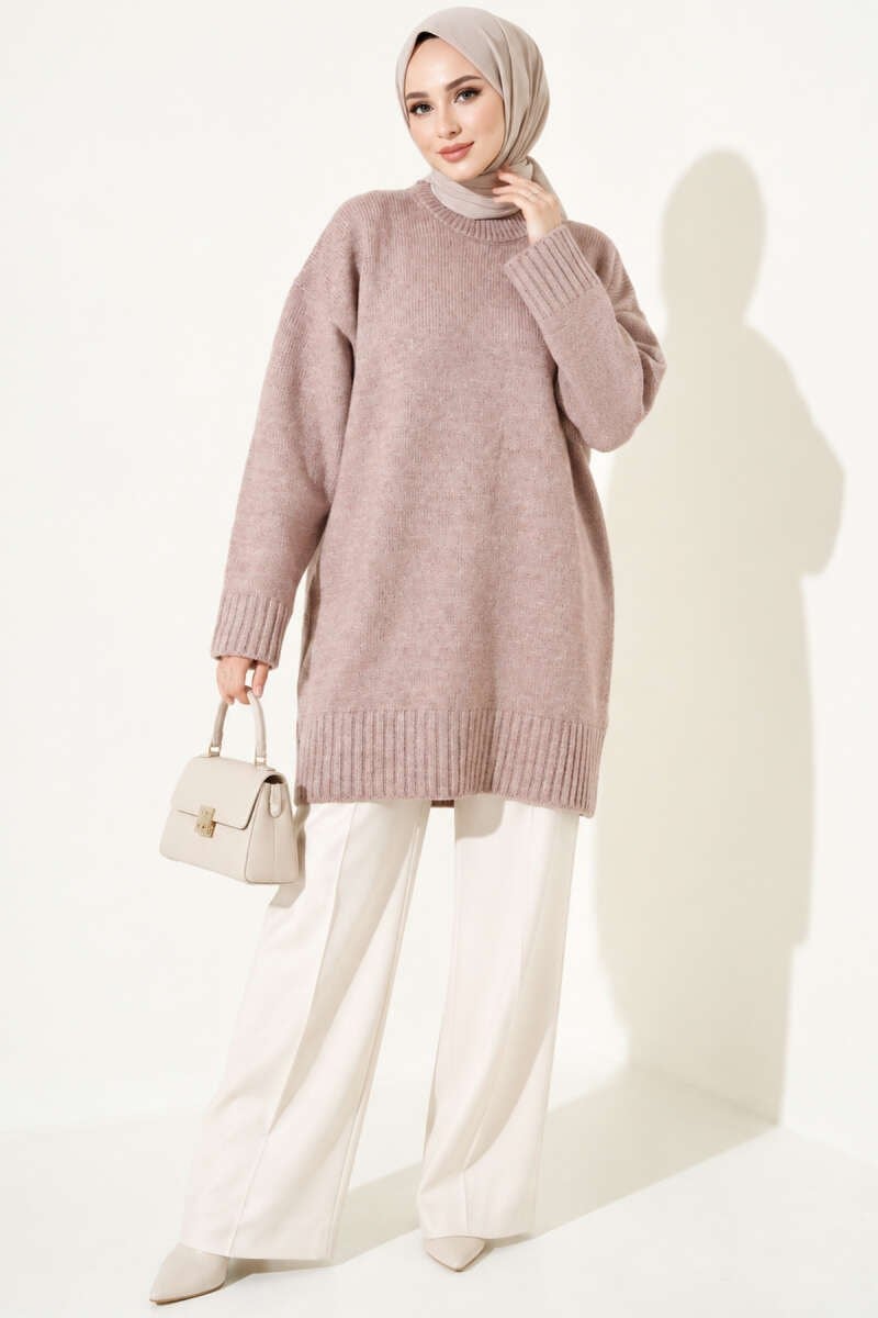 Oversize Ribanalı Triko Tunik Pudra
