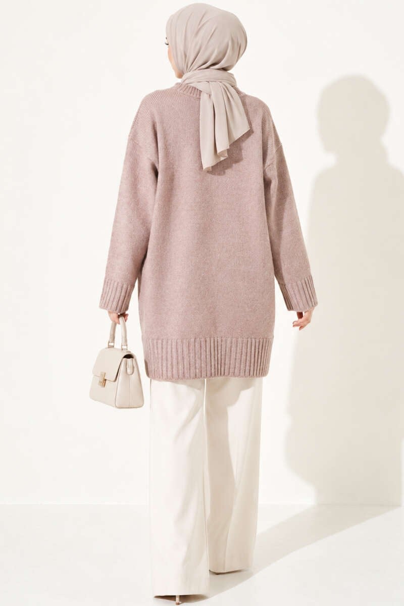 Oversize Ribanalı Triko Tunik Pudra