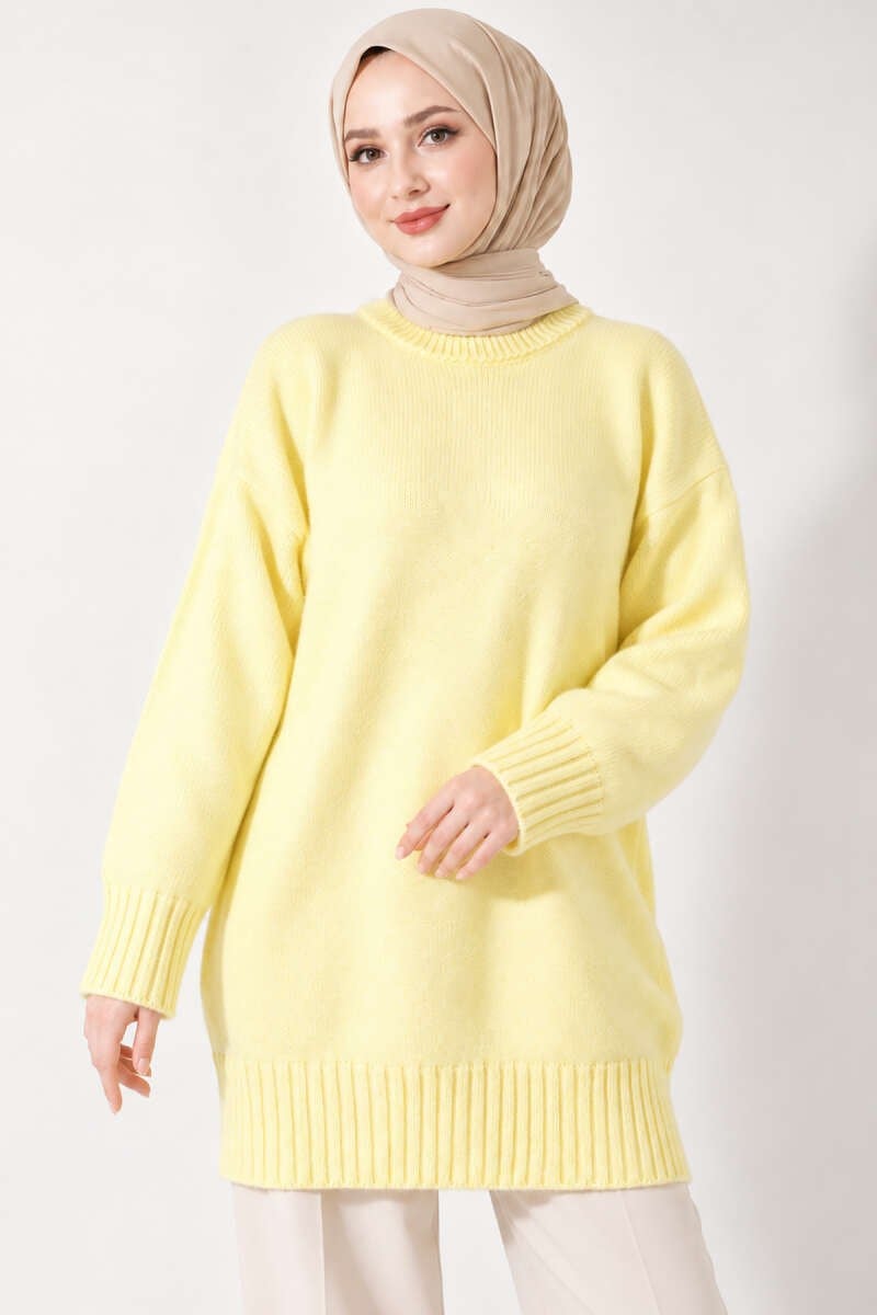 Oversize Ribanalı Triko Tunik Sarı