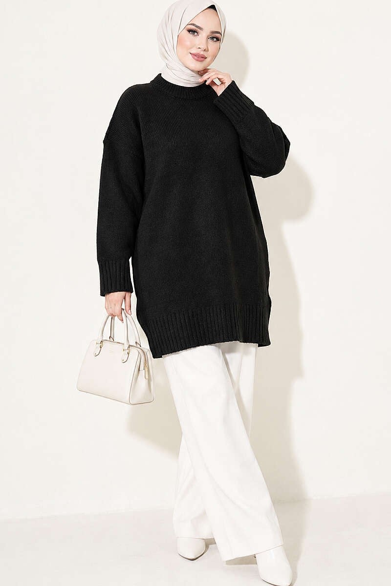 Oversize Ribanalı Triko Tunik Siyah