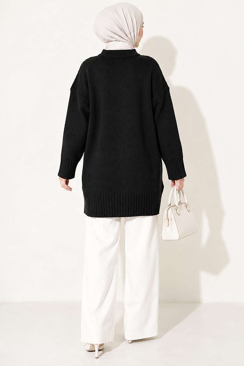 Oversize Ribanalı Triko Tunik Siyah