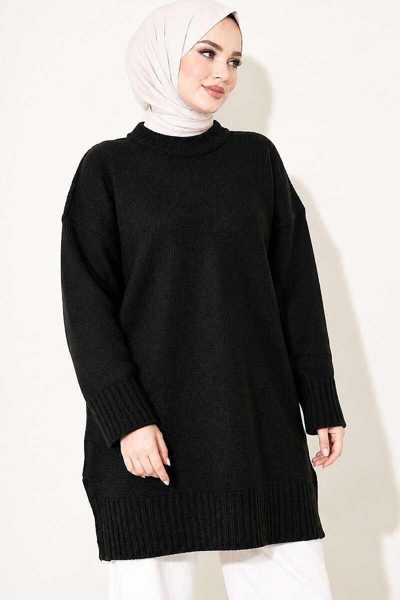 Oversize Ribanalı Triko Tunik Siyah