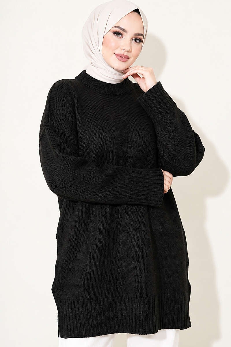 Oversize Ribanalı Triko Tunik Siyah