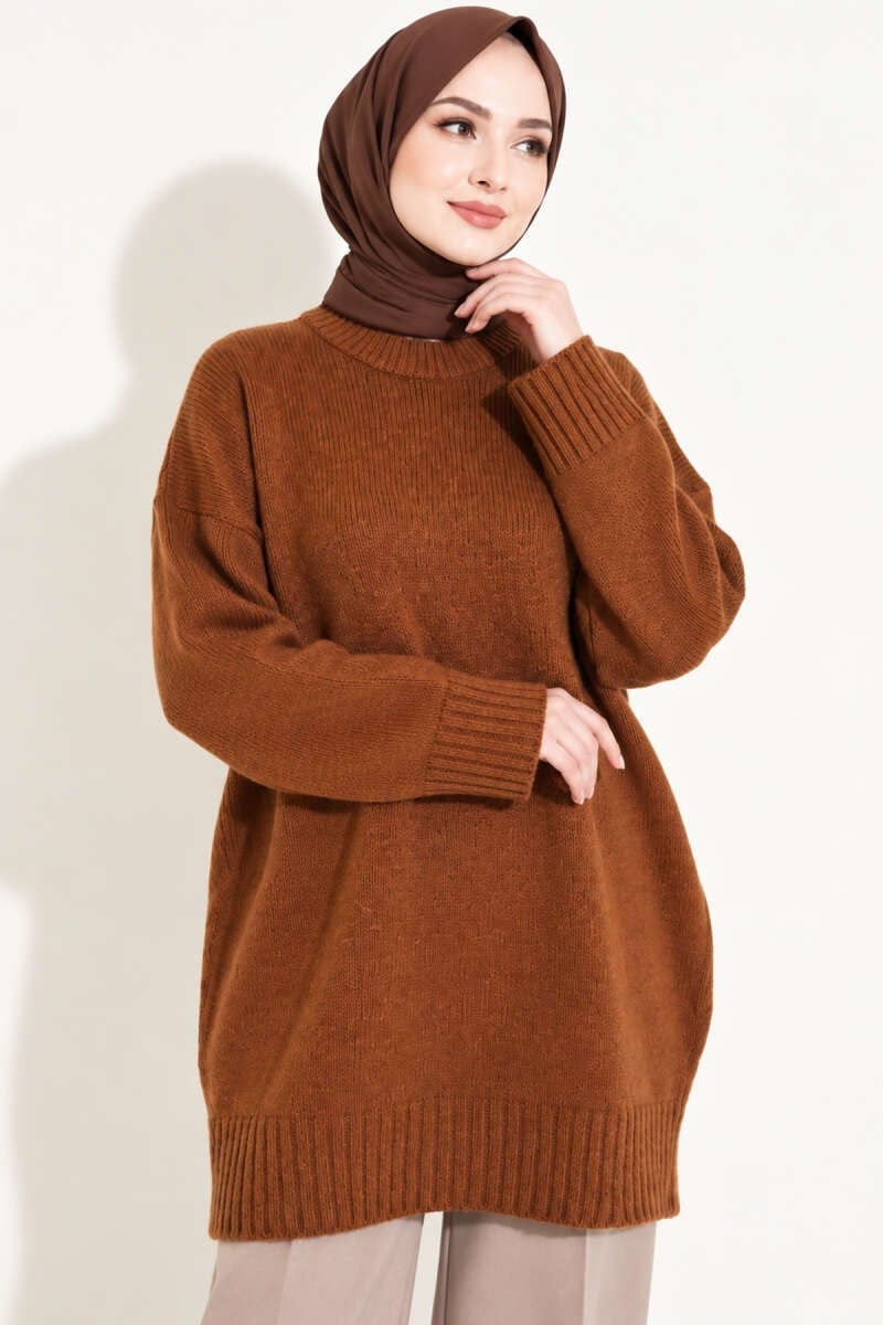 Oversize Ribanalı Triko Tunik Taba