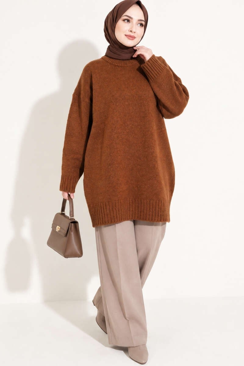 Oversize Ribanalı Triko Tunik Taba