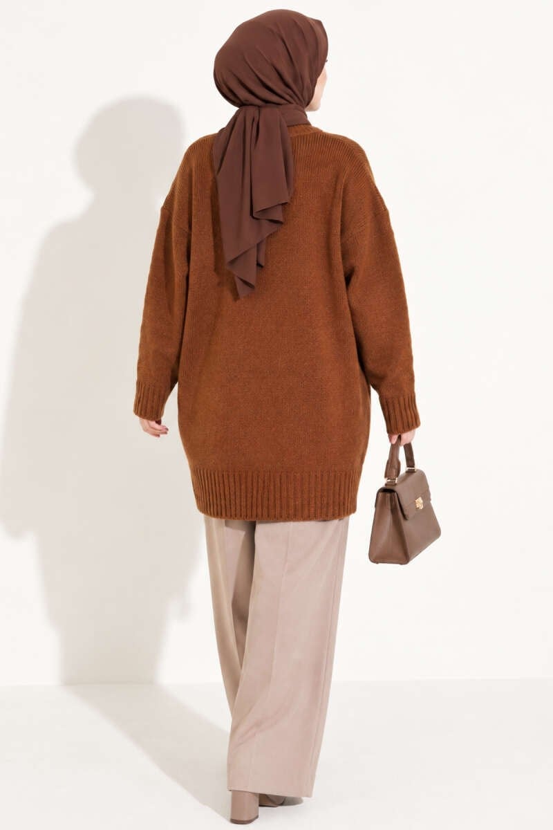 Oversize Ribanalı Triko Tunik Taba