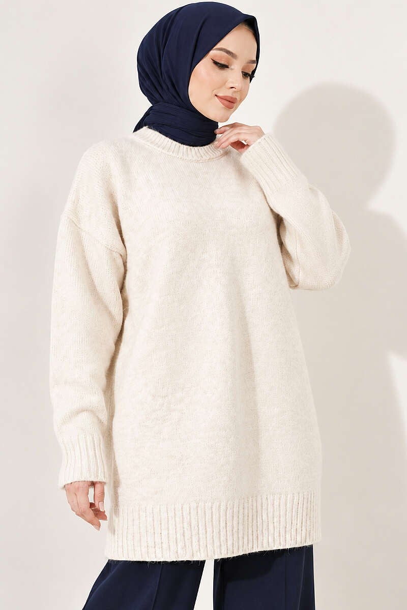 Oversize Ribanalı Triko Tunik Taş