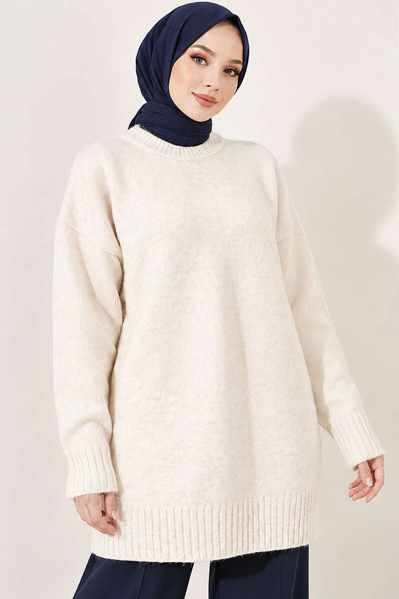 Oversize Ribanalı Triko Tunik Taş