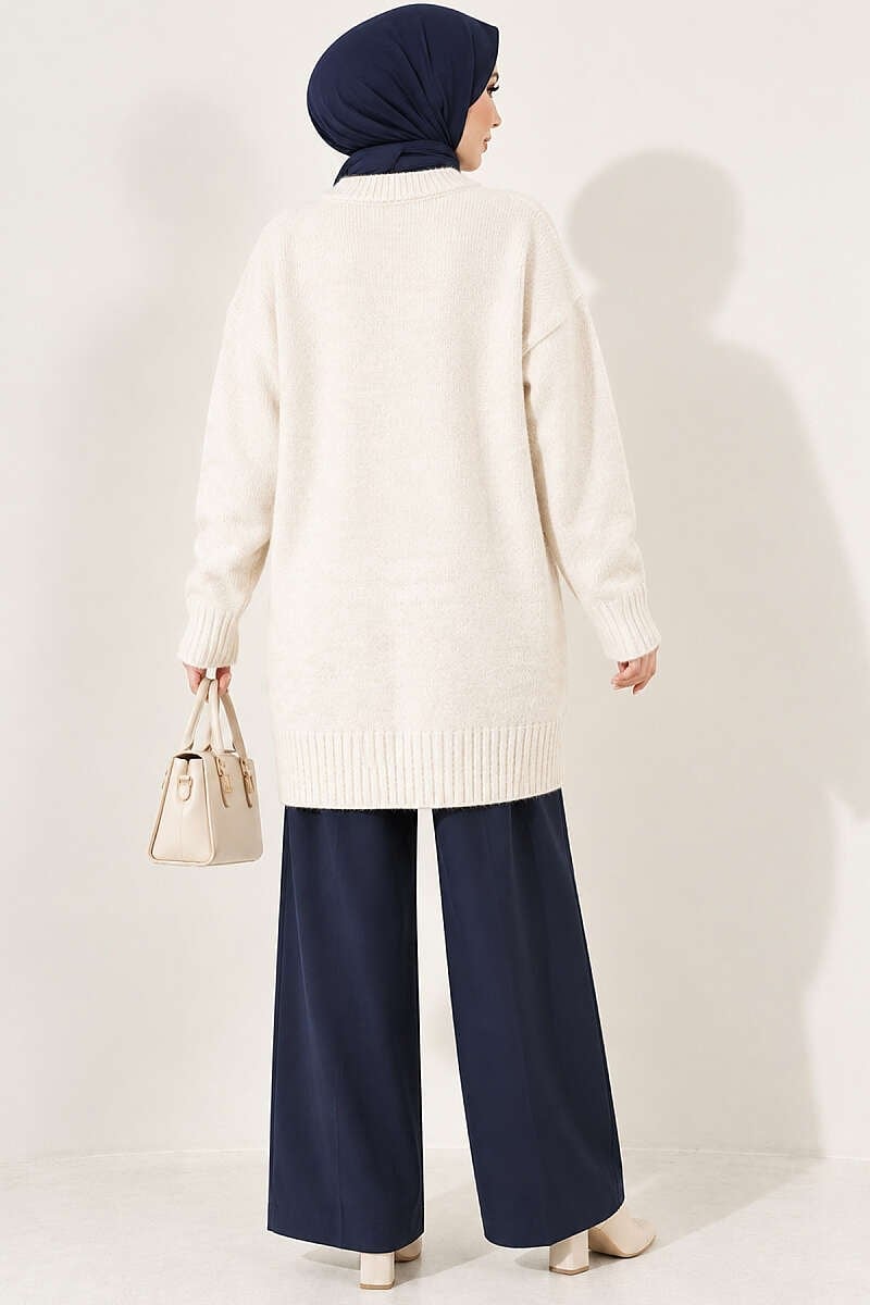 Oversize Ribanalı Triko Tunik Taş