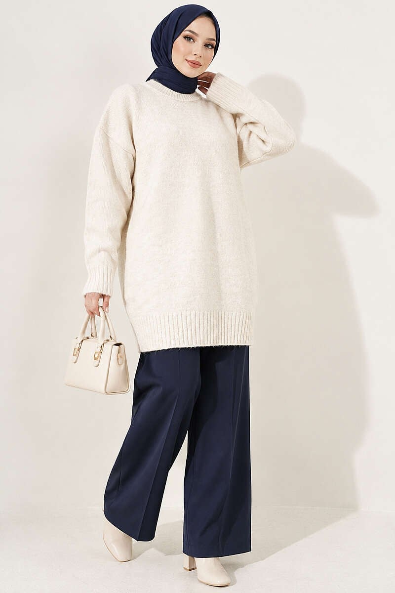 Oversize Ribanalı Triko Tunik Taş
