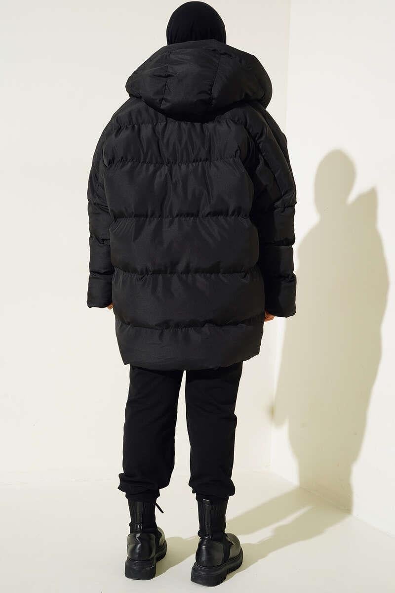 Oversize Torba Cepli Kapşonlu Mont Siyah