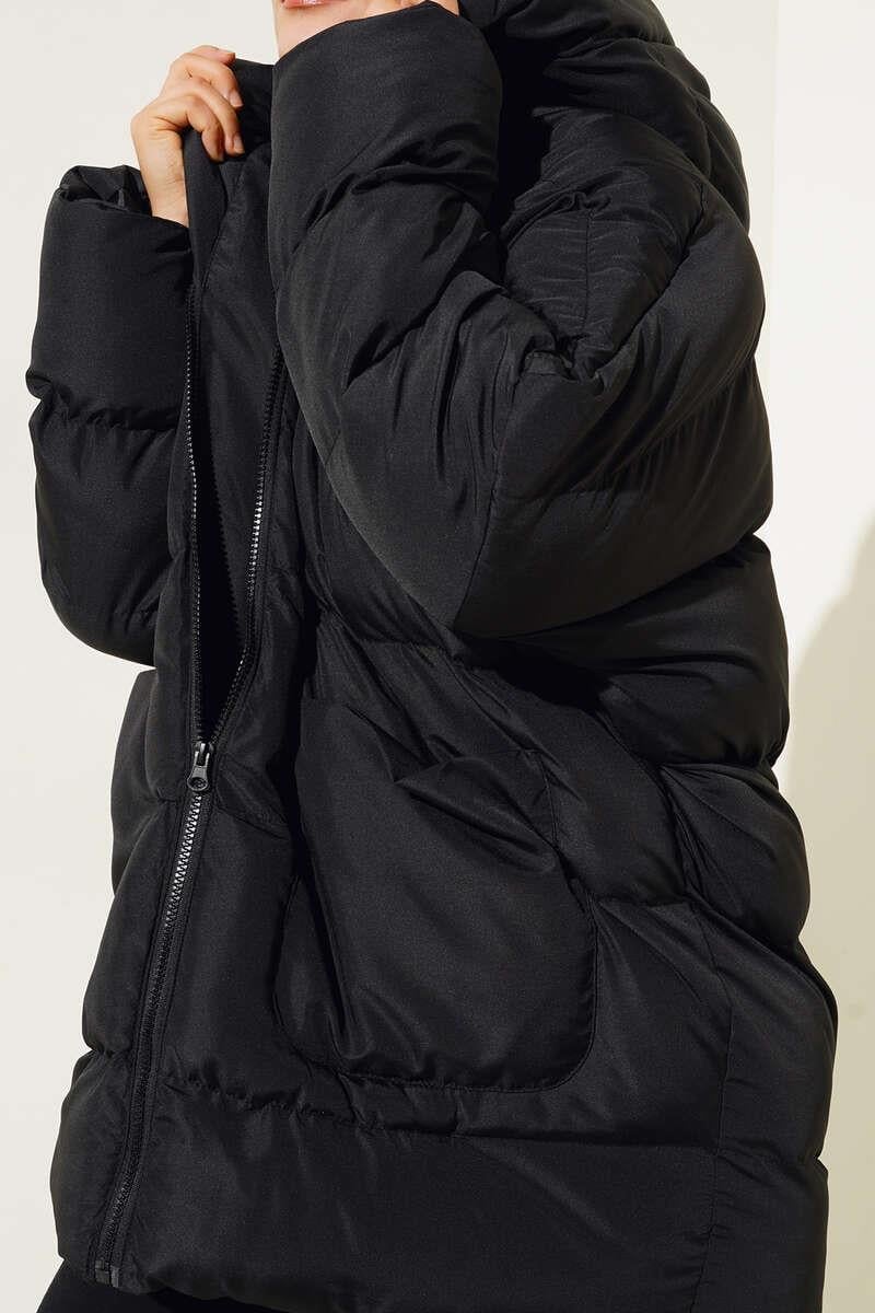 Oversize Torba Cepli Kapşonlu Mont Siyah