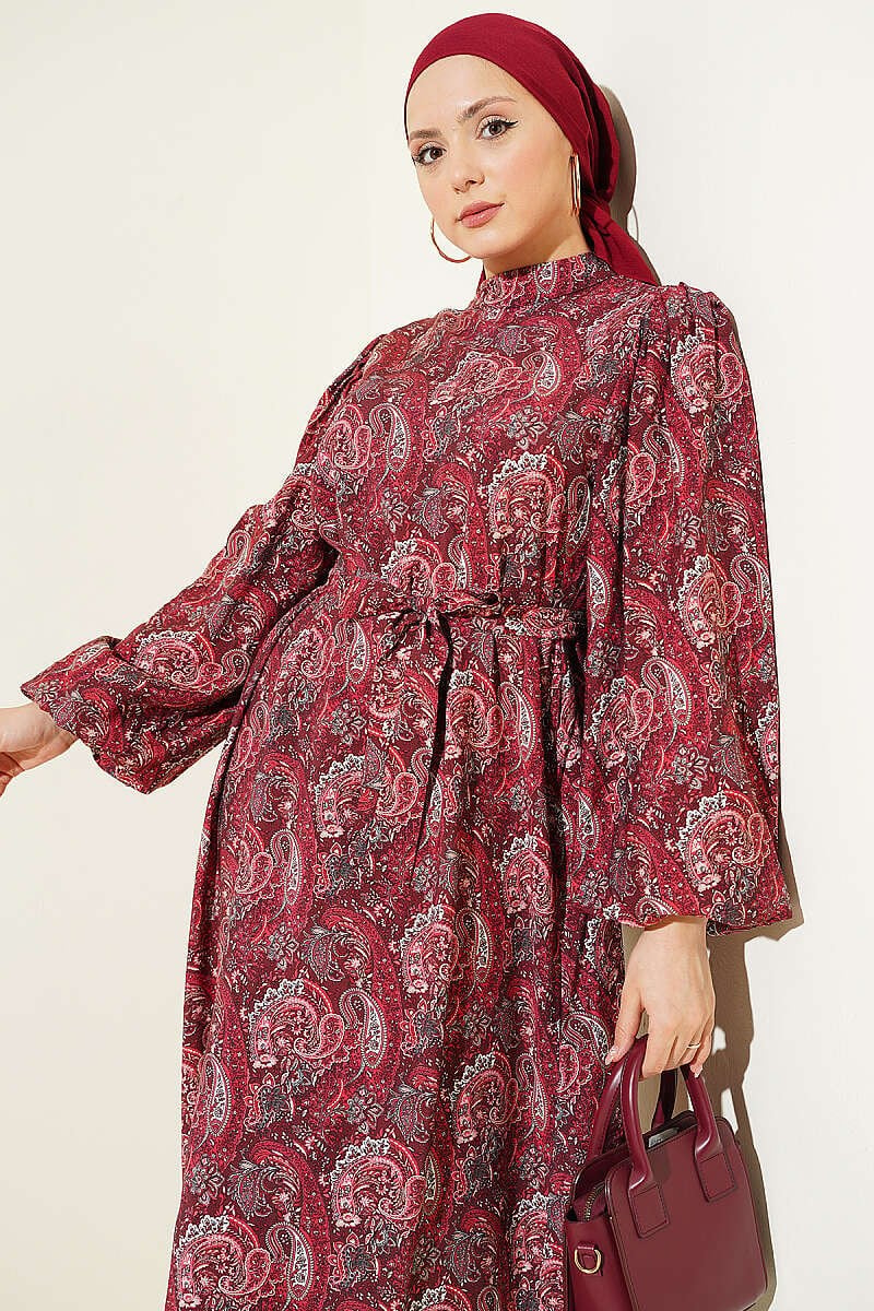Paisley Desen Balon Kol Kuşaklı Elbise Bordo