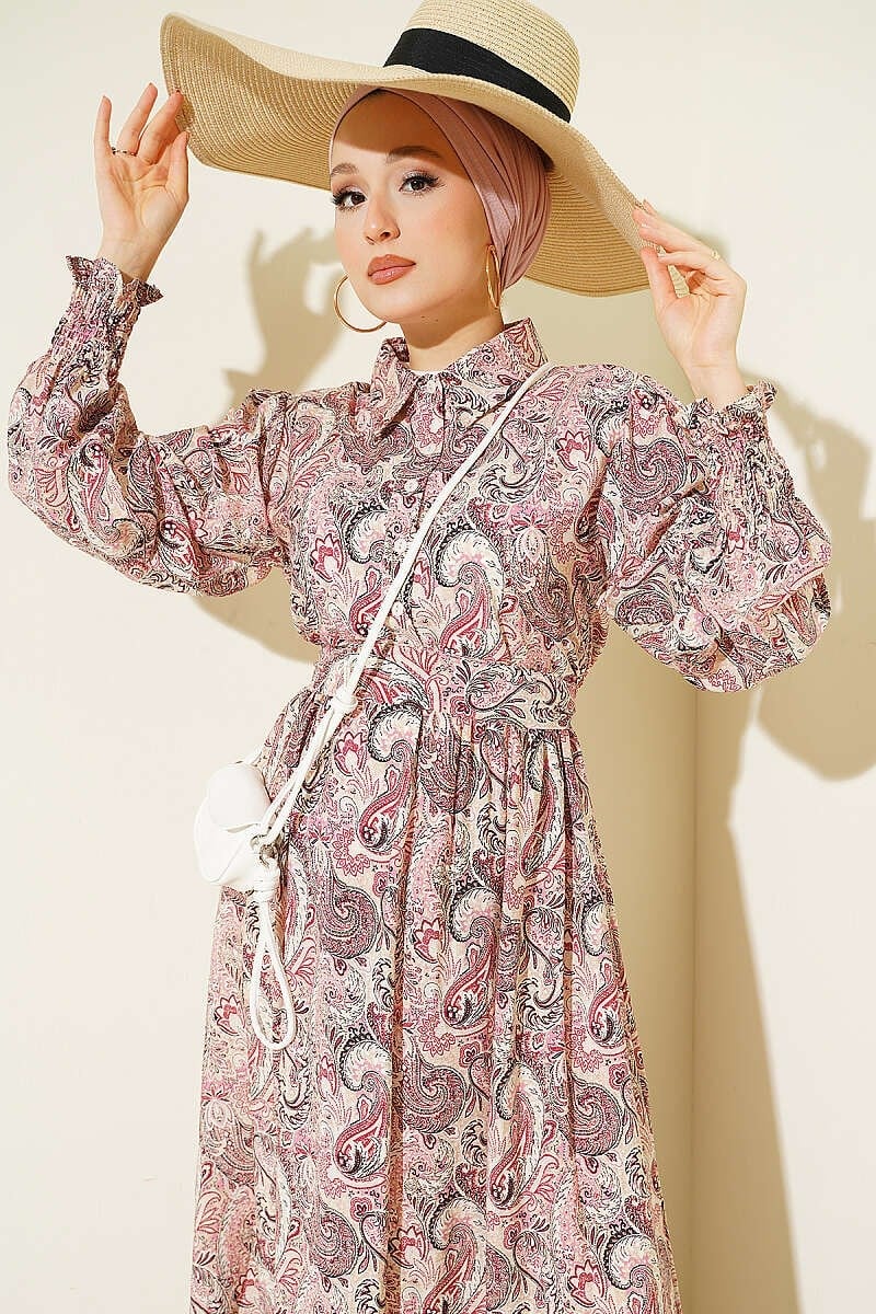 Paisley Desen Bilek Gipeli Elbise Bej