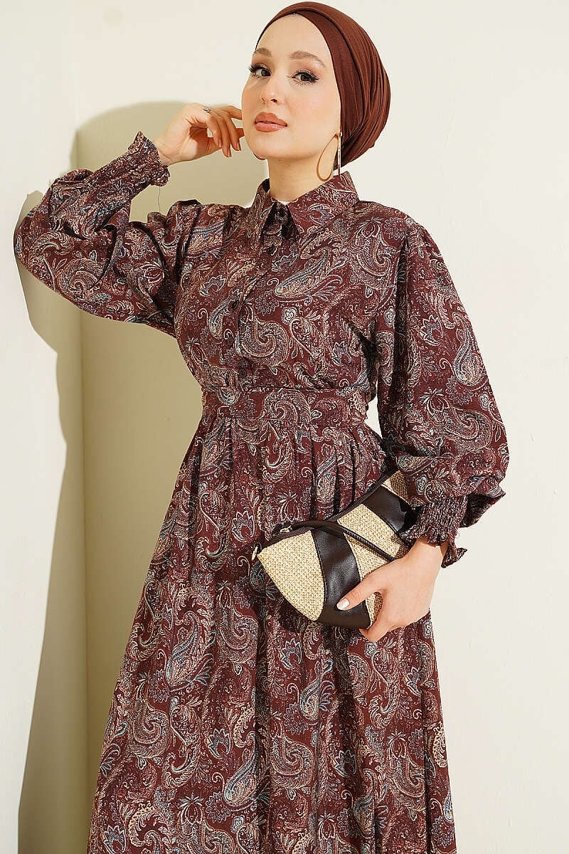 Paisley Desen Bilek Gipeli Elbise Kahve