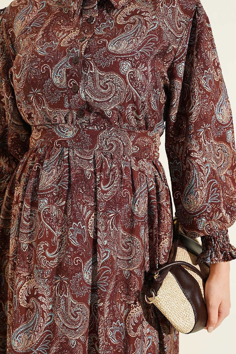 Paisley Desen Bilek Gipeli Elbise Kahve