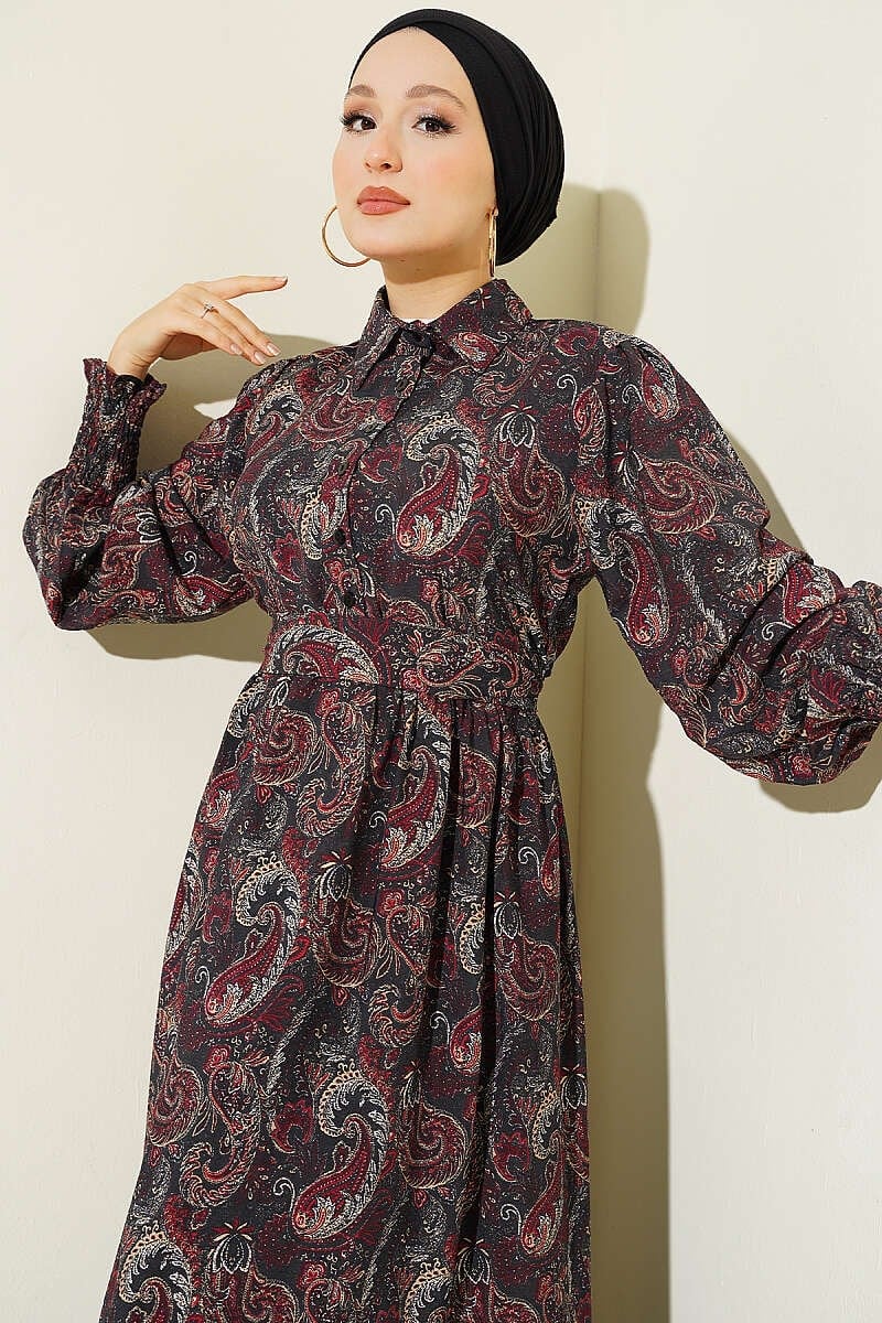 Paisley Desen Bilek Gipeli Elbise Siyah