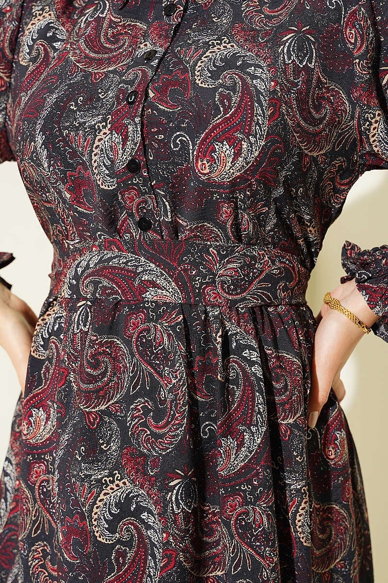Paisley Desen Bilek Gipeli Elbise Siyah
