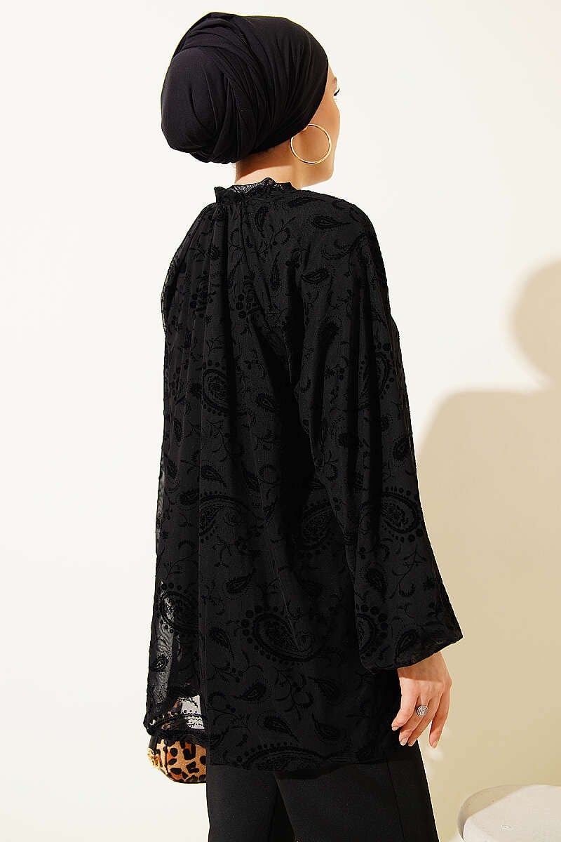 Paisley Desenli Tül Gömlek Siyah