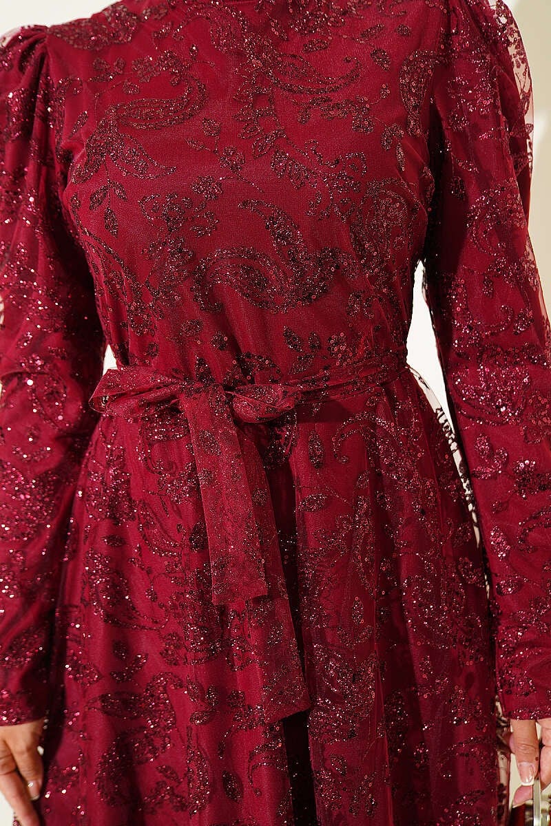 Paisley Simli Pullu Abiye Elbise Bordo