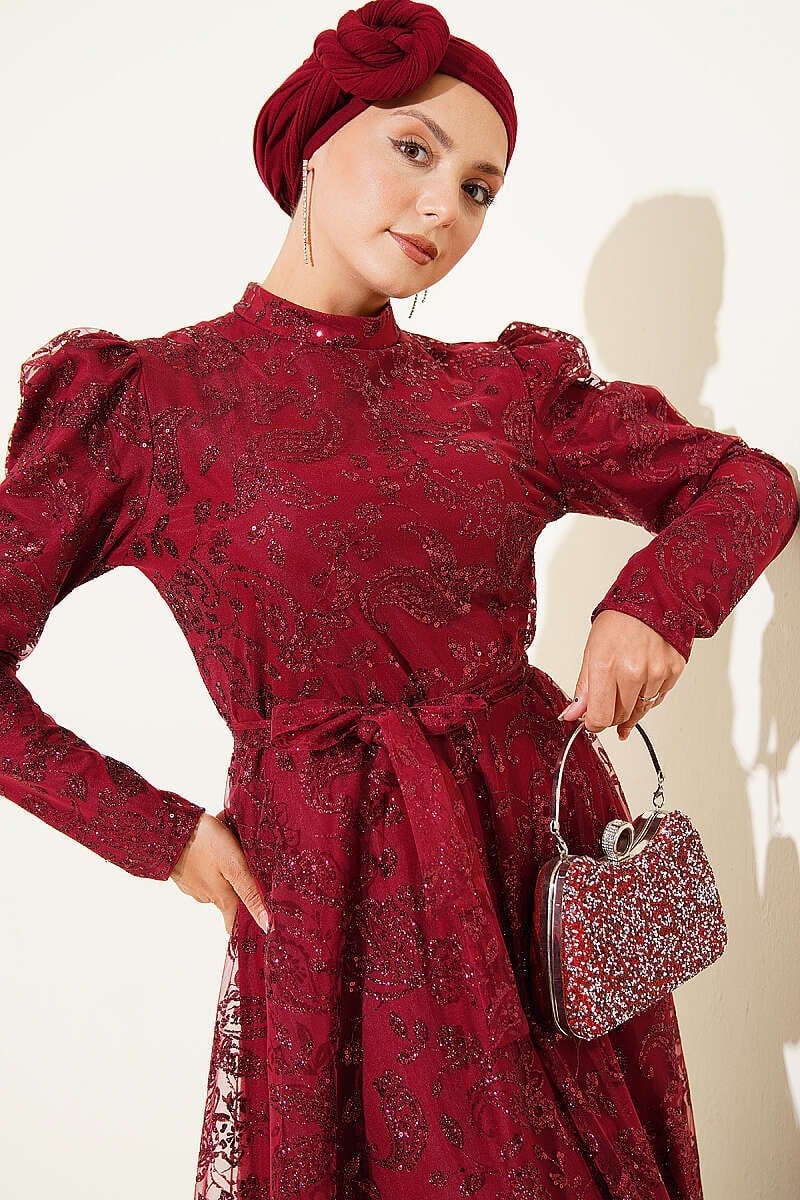 Paisley Simli Pullu Abiye Elbise Bordo